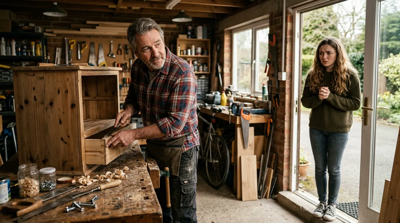 A father working in a garage while his nervous daughter stands in the doorway.