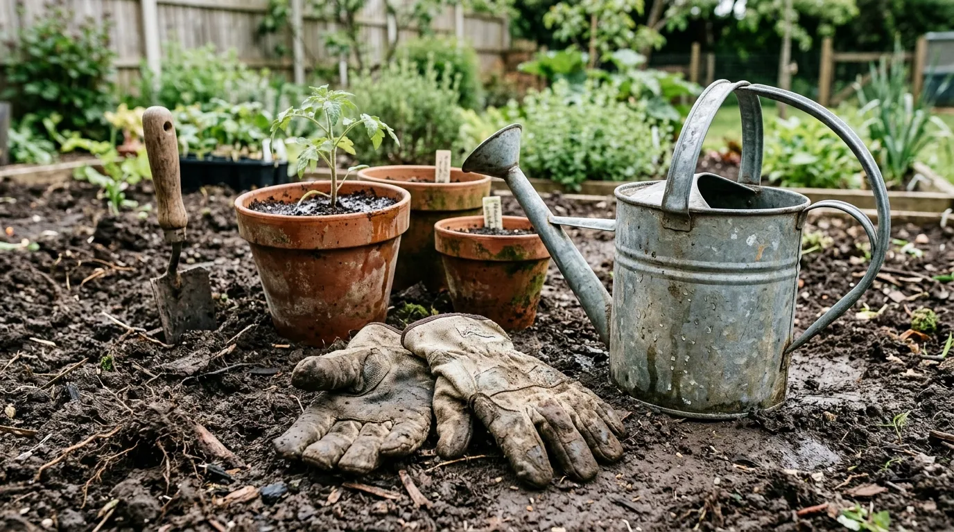 Muddy gardening gloves and tools resting next to freshly turned garden soil and pots