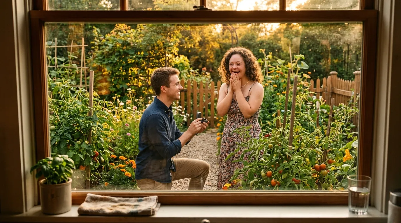 A young man kneeling in a garden to propose to a joyful young woman with Down syndrome, viewed from a window.