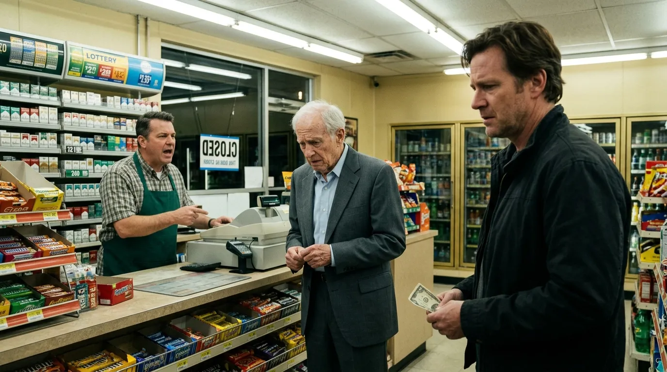A distressed elderly man being yelled at by a cashier while a father watches