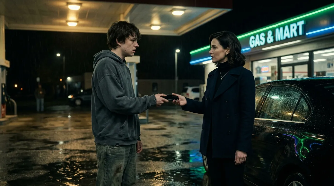 A homeless teenager handing a phone back to a woman at a dimly lit gas station at night.