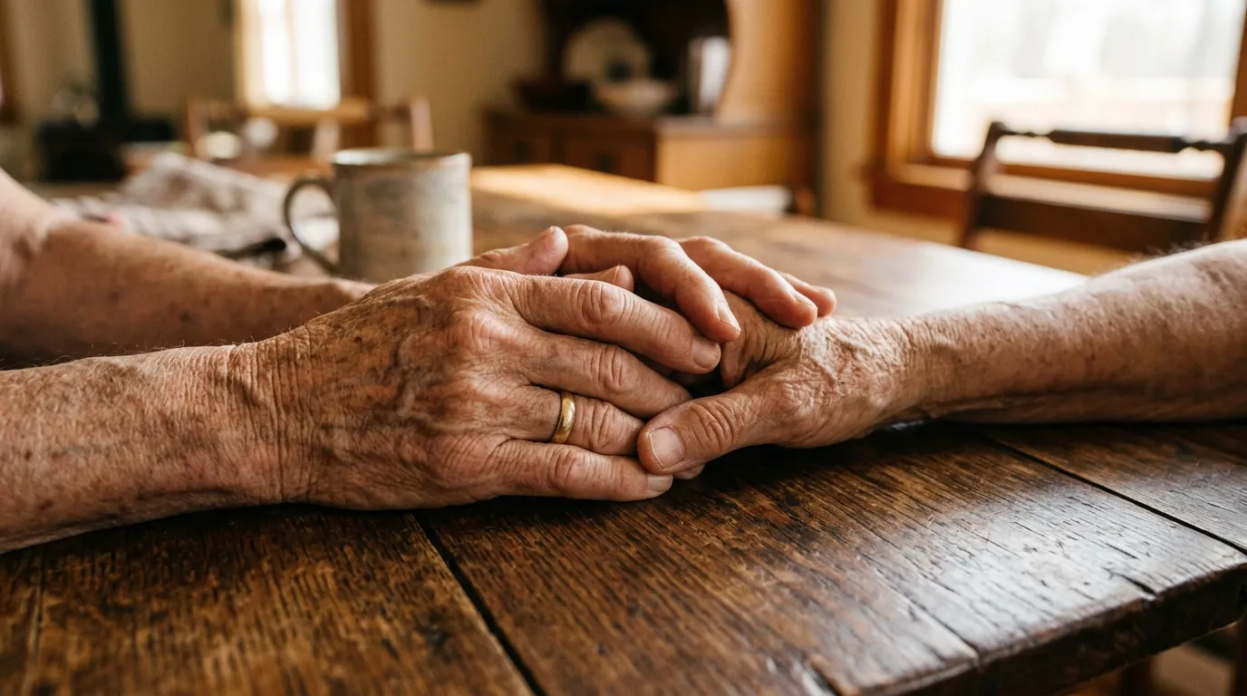 Close up of two older hands gently holding each other on a table