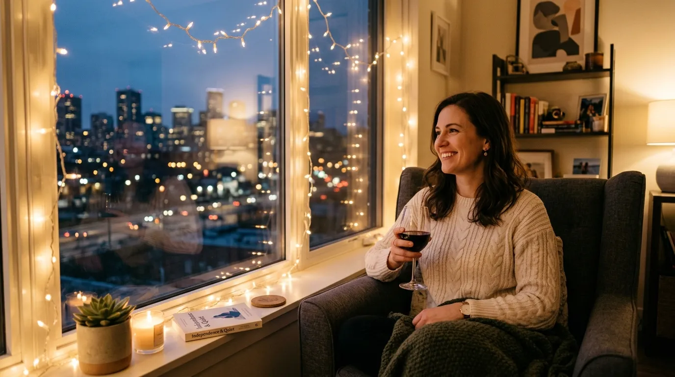A woman smiling peacefully in her new apartment with string lights reflecting in the window.