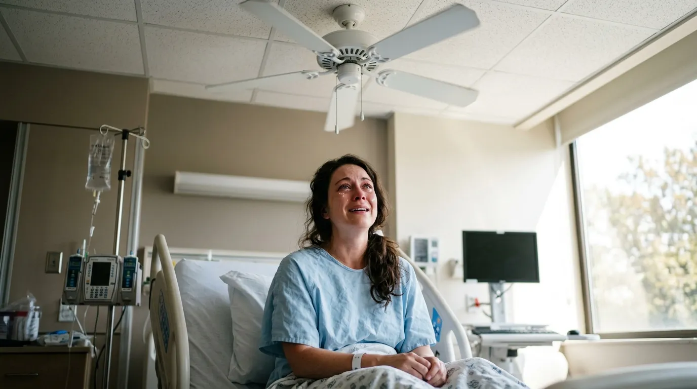 A woman in a clinic room looking up at a ceiling fan, crying tears of joy as she regains her sight.