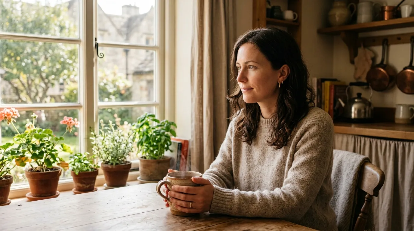 A woman with dark hair sitting by a sunny window, holding a mug of tea with unfocused eyes.
