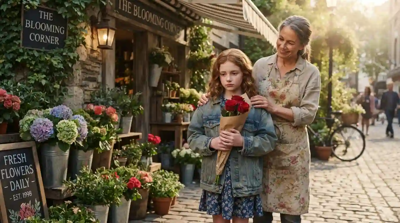 12 year old girl caught holding roses outside a flower shop by the compassionate owner
