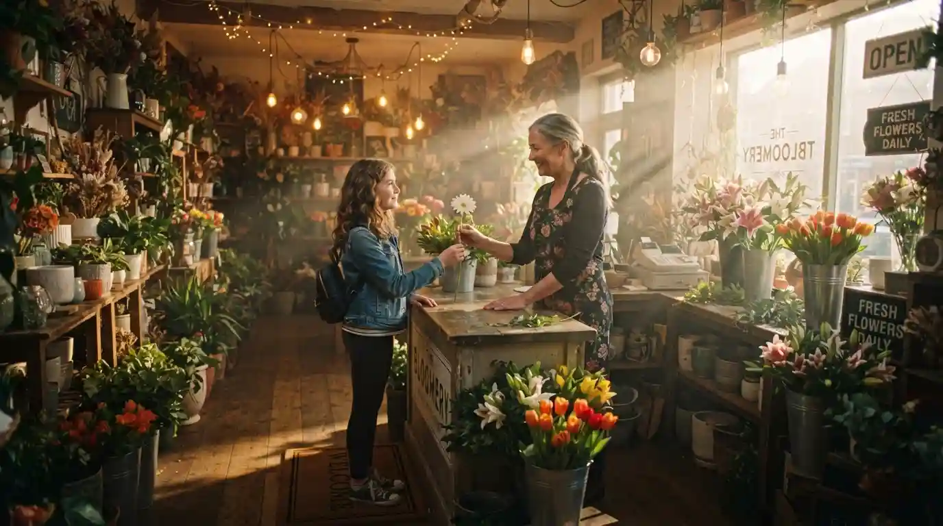Young girl inside a lush flower shop talking to the owner who is handing her a daisy