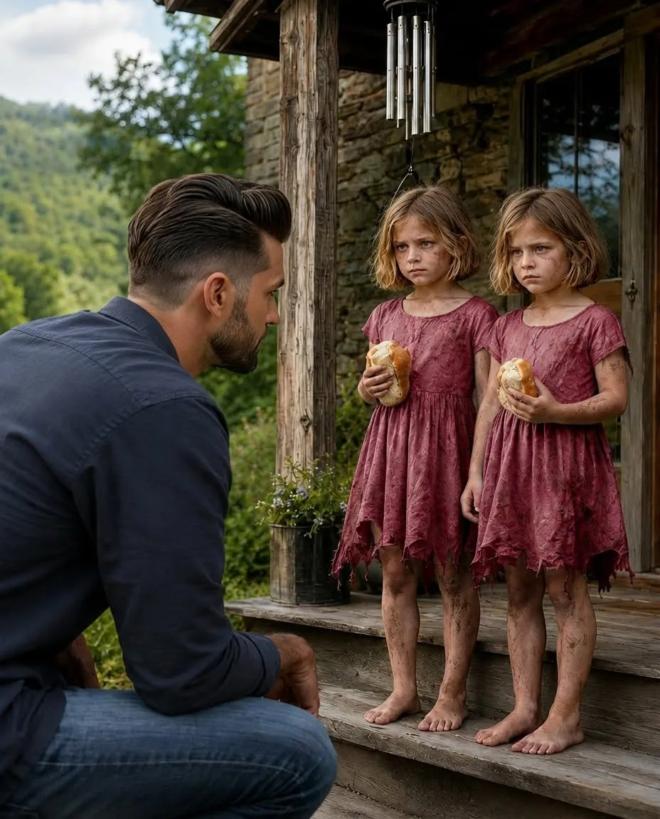 Two little barefoot girls standing on a snowy mountain cabin porch holding bread.
