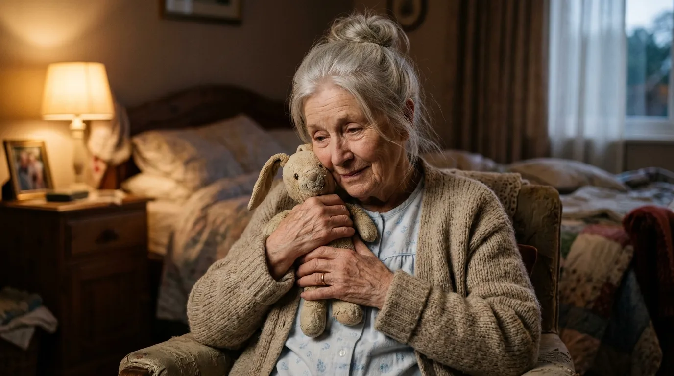 Elderly woman smiling tenderly while holding a child's stuffed rabbit