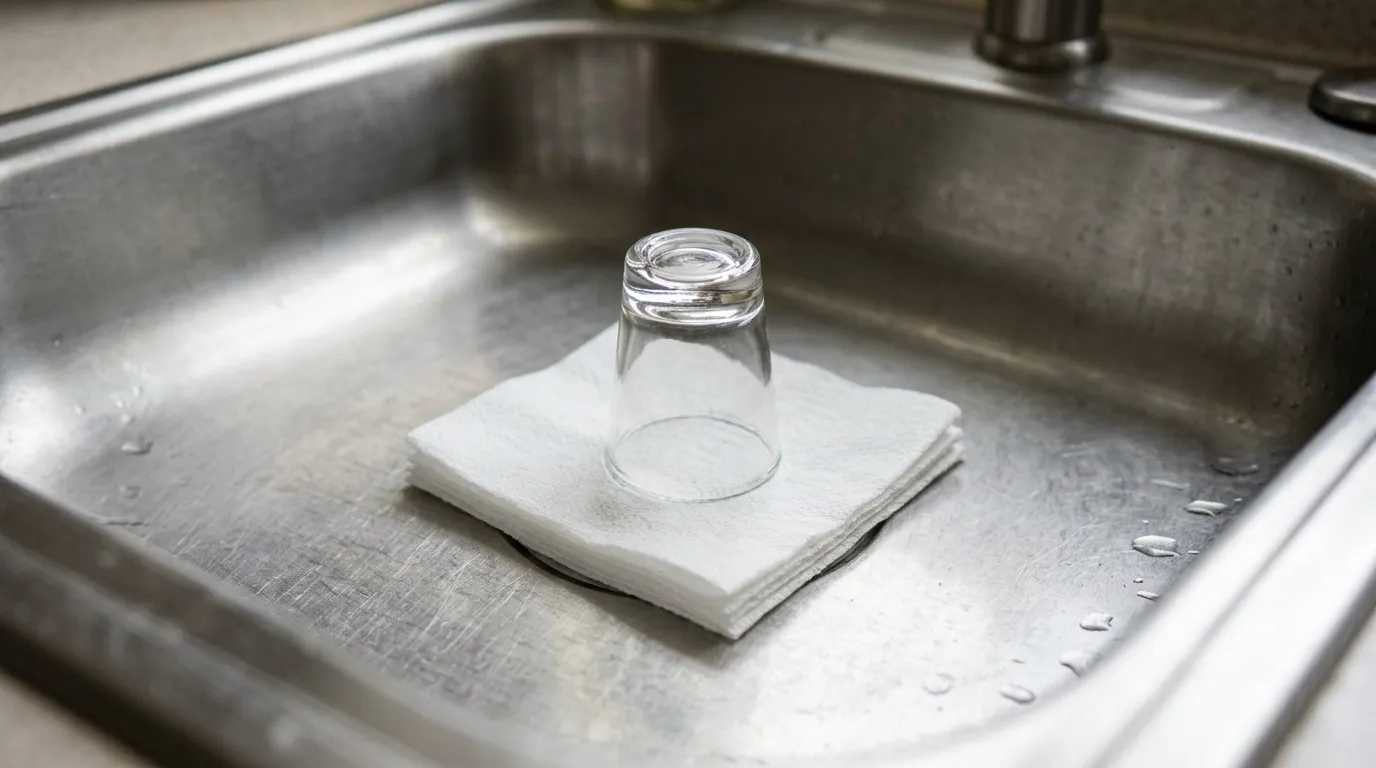 An upside-down glass resting on a paper towel over a kitchen sink drain