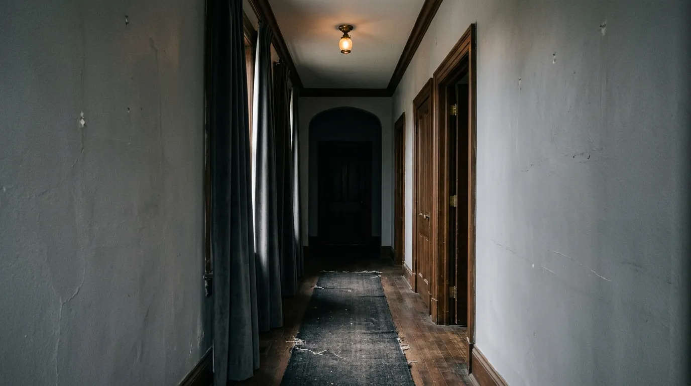 A dimly lit, grey-toned hallway inside a traditional Virginia home lacking warmth.