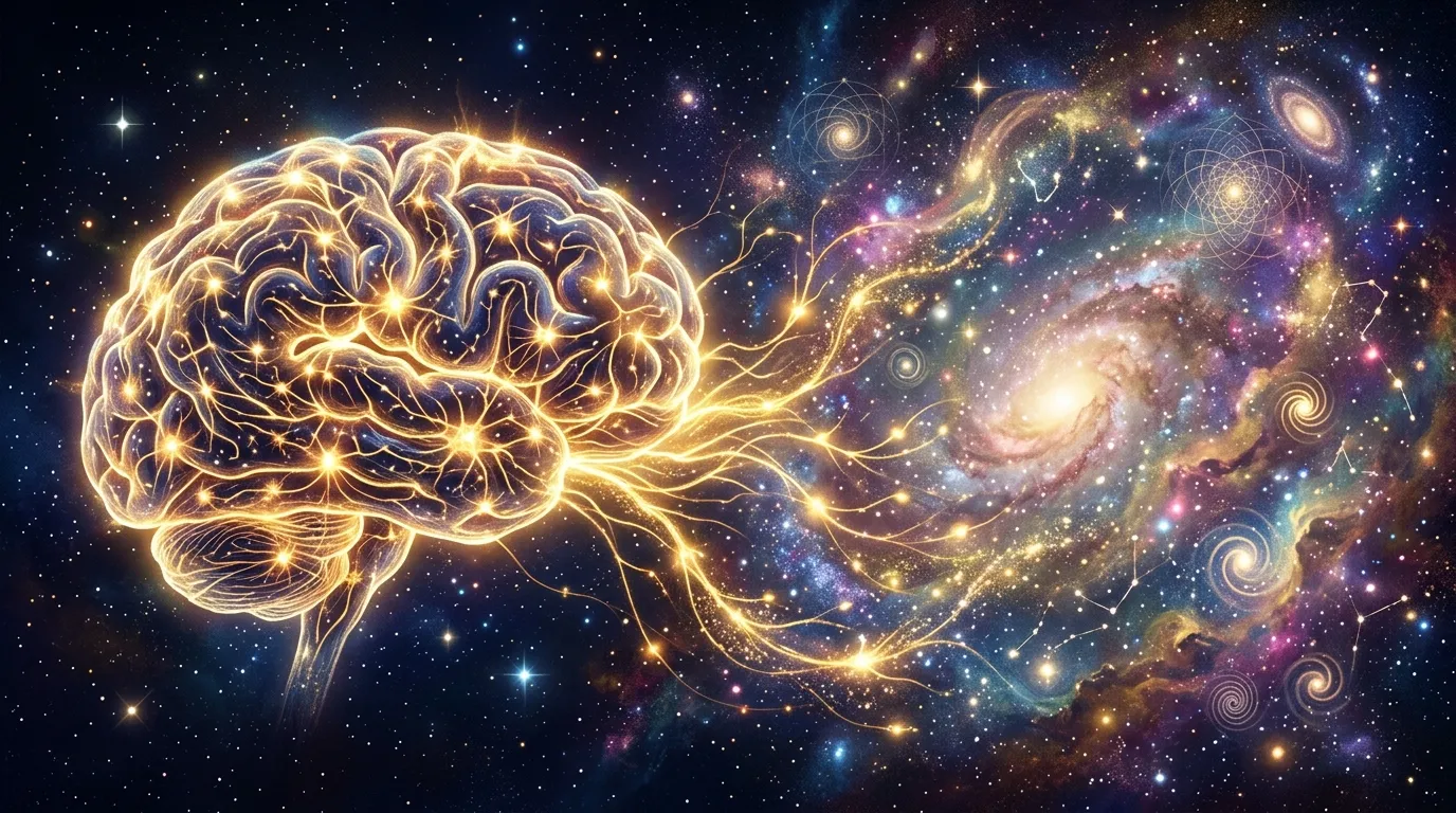 Abstract glowing brain blending with a cosmic nebula