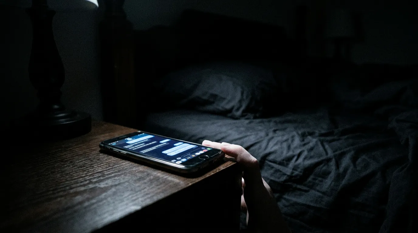 Glowing smartphone screen illuminating a dark bedroom with an urgent text message