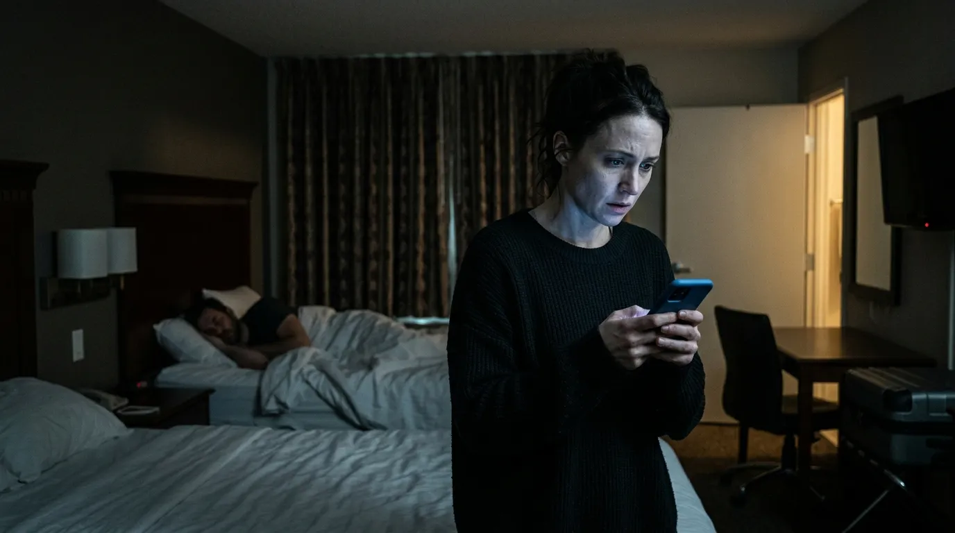 Woman looking at a glowing smartphone in a dark hotel room