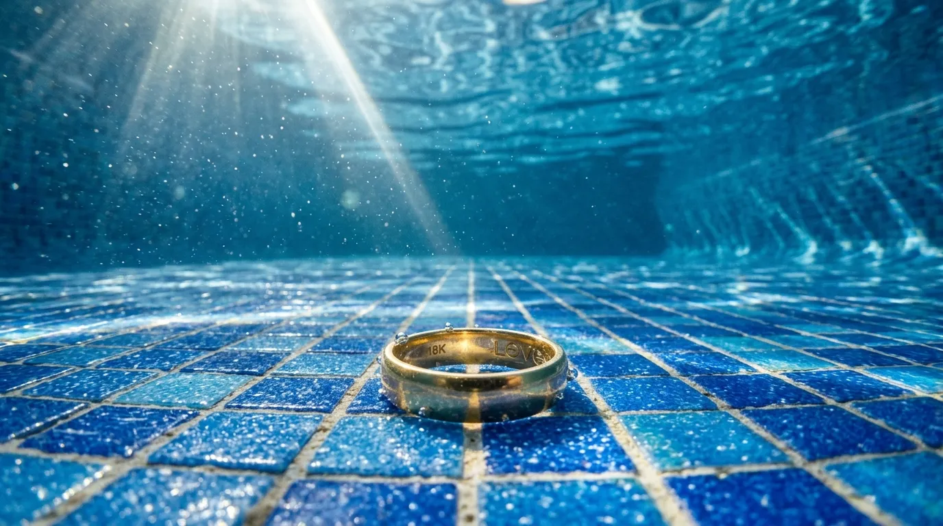 A shiny gold wedding ring resting on the blue tile at the bottom of a clear swimming pool, illuminated by a beam of sunlight.