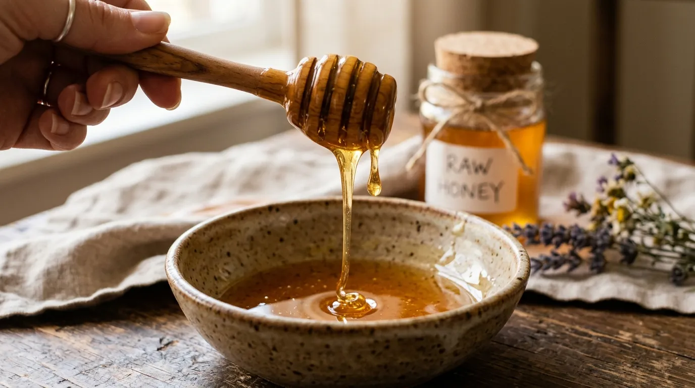 Golden raw honey dripping from a wooden dipper into a ceramic bowl