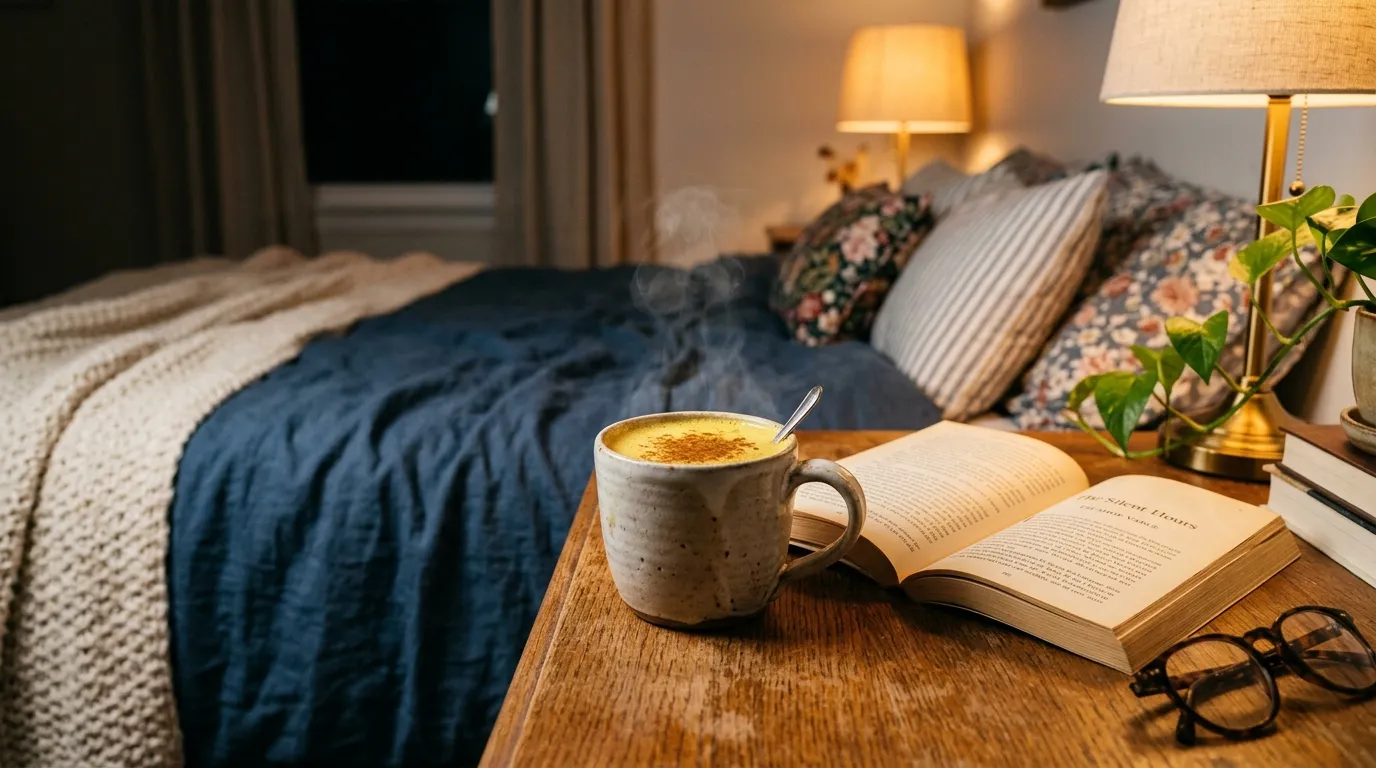 A steaming mug of golden turmeric milk resting on a wooden nightstand next to a book.