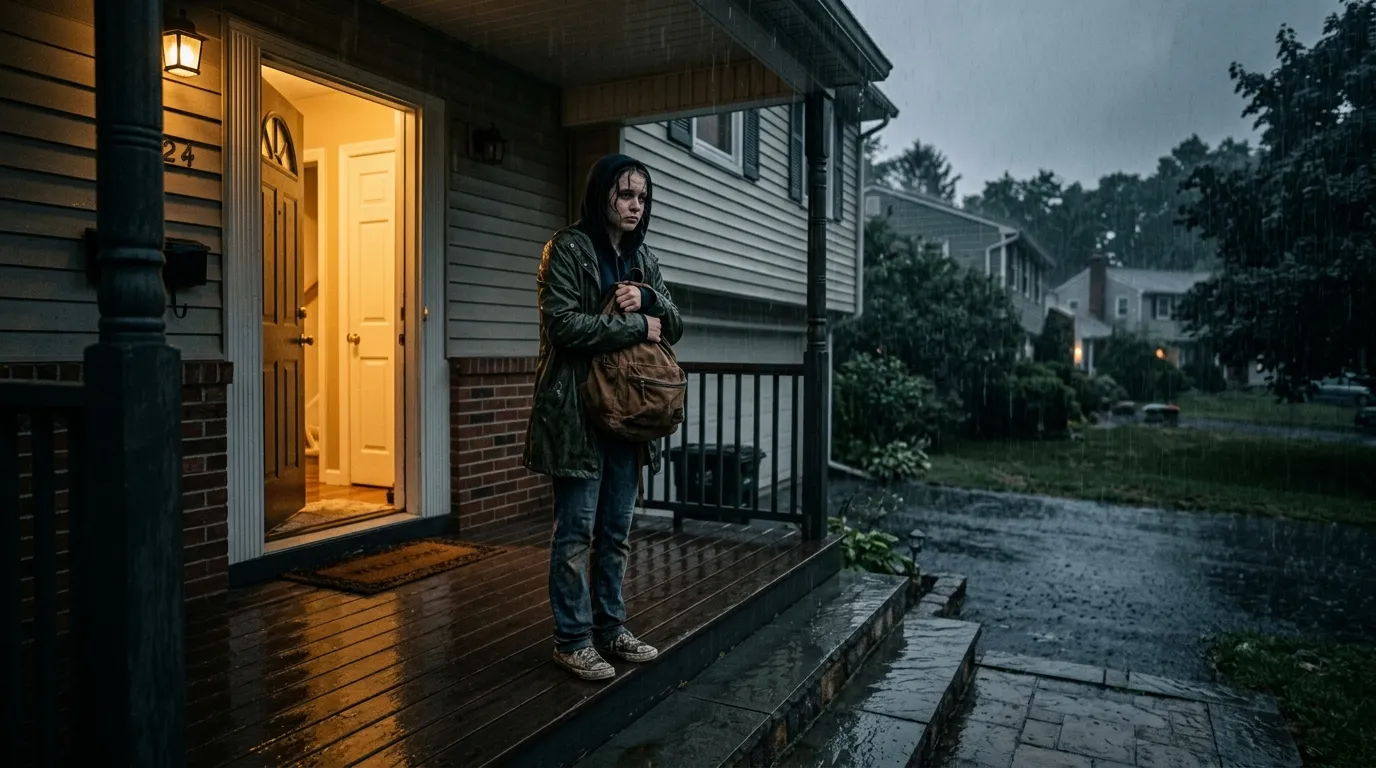 A teenage girl with a backpack standing on a wet porch during a storm