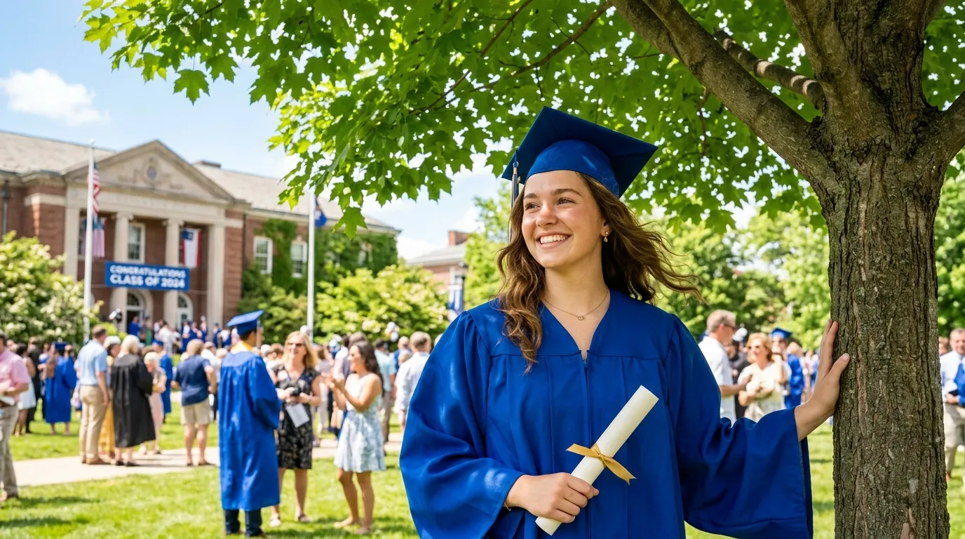 A young woman in a blue graduation gown smiling brightly under a green maple tree