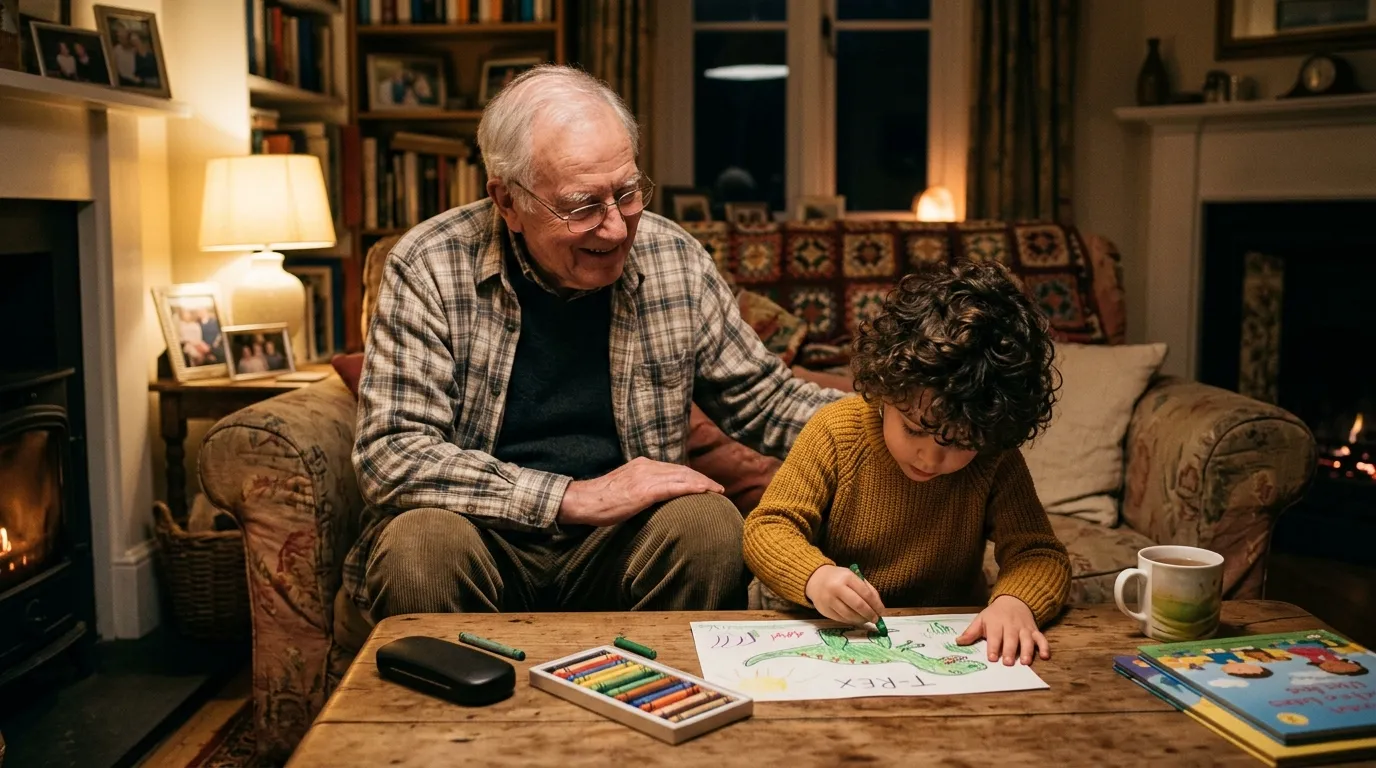 An elderly grandfather and his young grandson sitting together drawing dinosaurs.