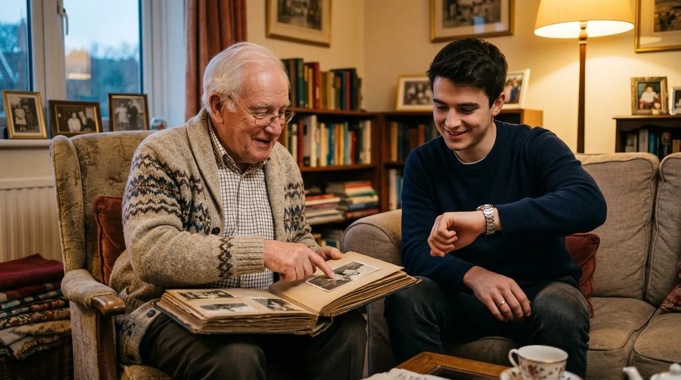 Older man showing photo album to a politely smiling but distracted young man