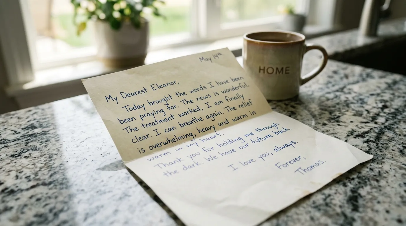 A close up of a handwritten letter resting on a clean granite kitchen counter