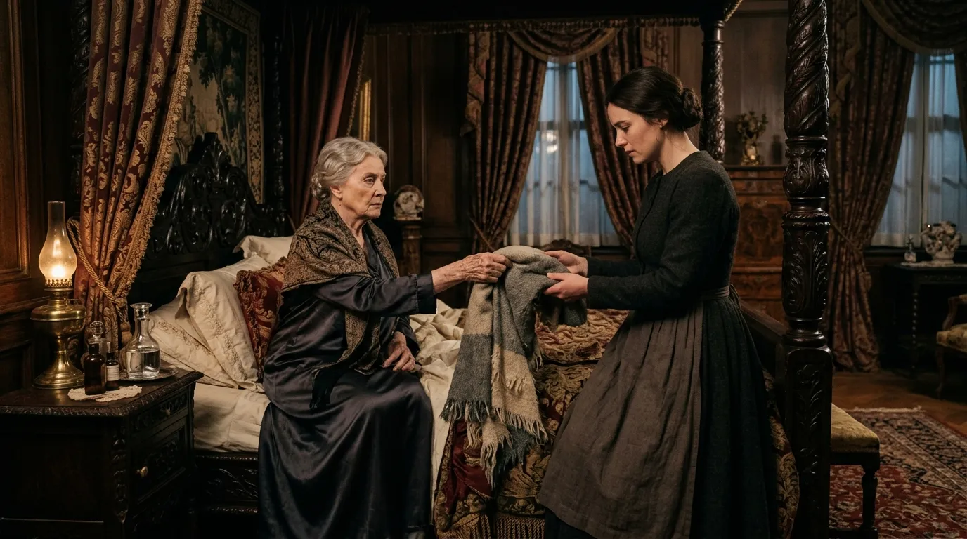 An elderly woman in bed handing a faded shawl to her daughter-in-law.