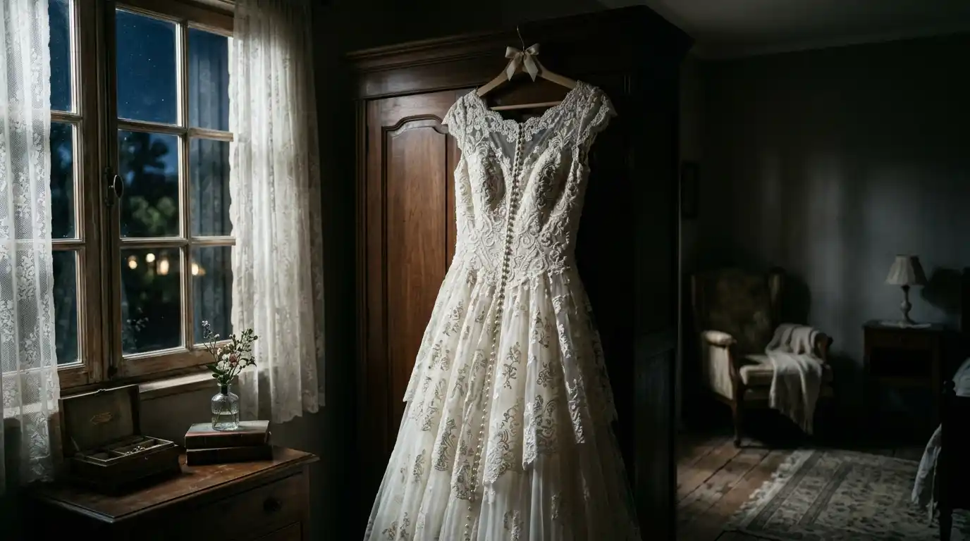 A beautiful vintage ivory lace prom dress hanging in a dimly lit room