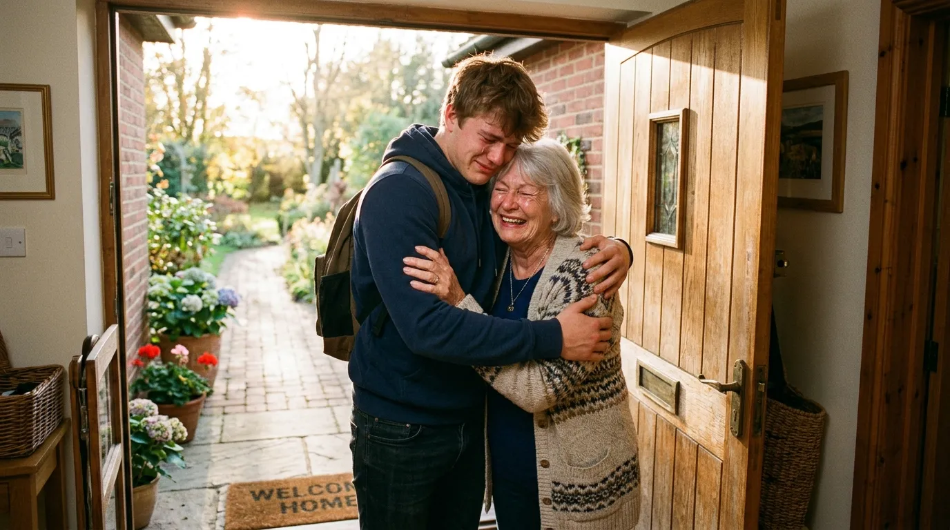 An emotional reunion between a grandmother and her 18-year-old grandson