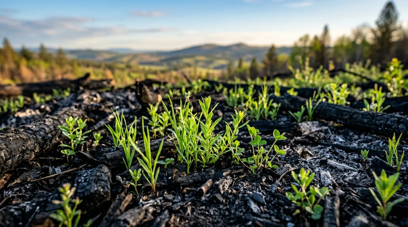 Bright green plant shoots breaking through completely charred, black, burned earth