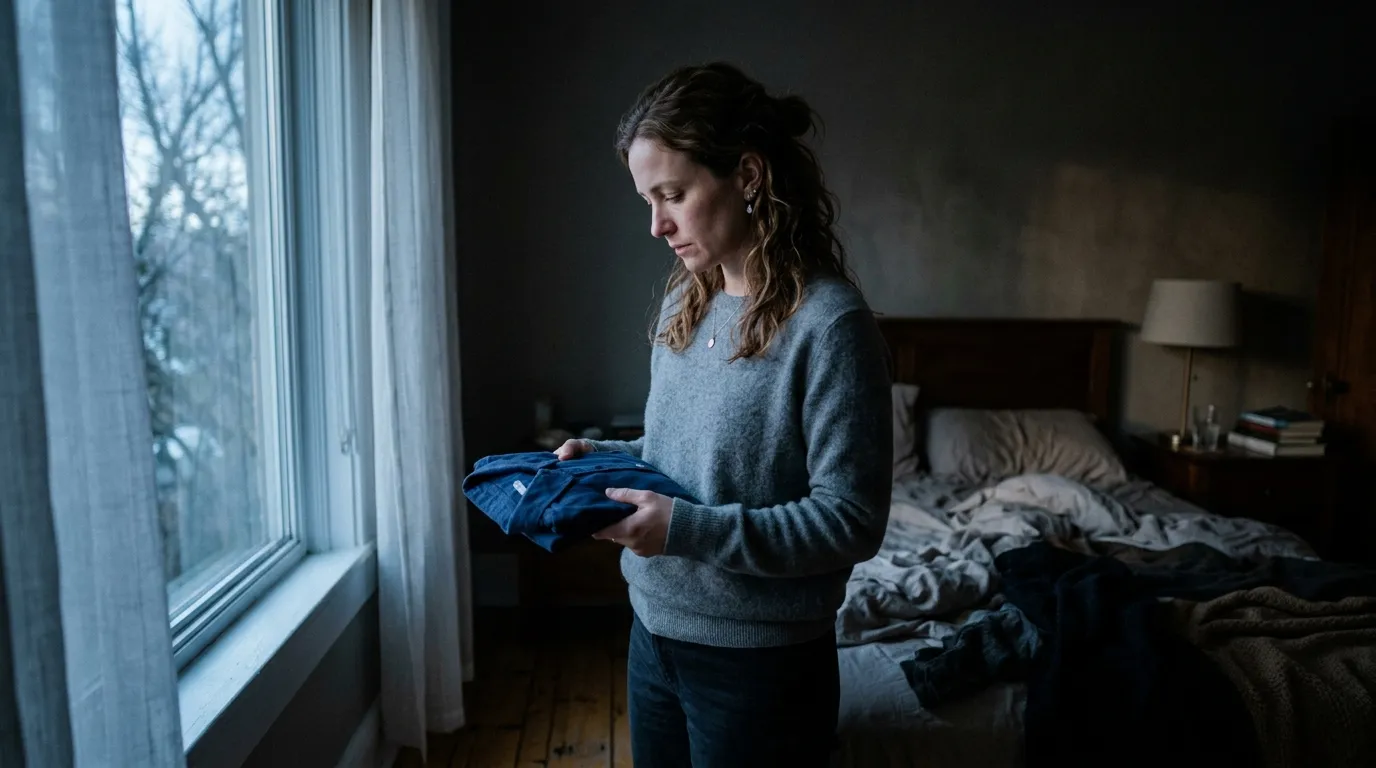 A woman in a dimly lit room holding a piece of clothing, looking reflective and somewhat sad.