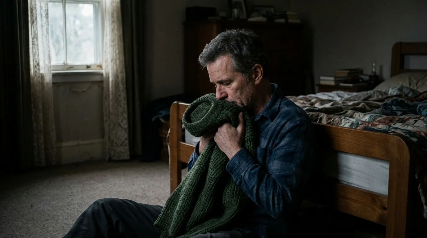 A grieving father sitting on the floor holding his late wife's sweater.