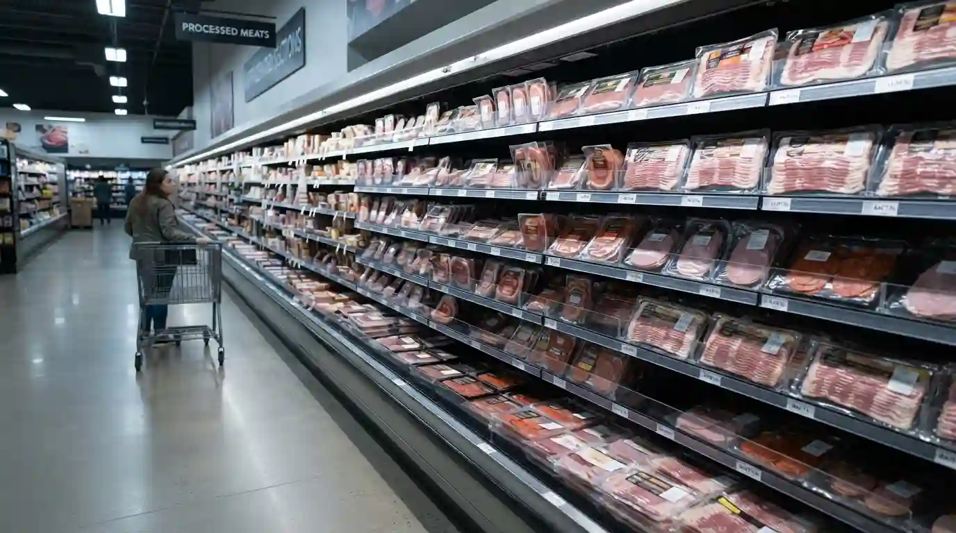 Wide shot of a clean, brightly lit grocery store meat aisle with packaged bacon