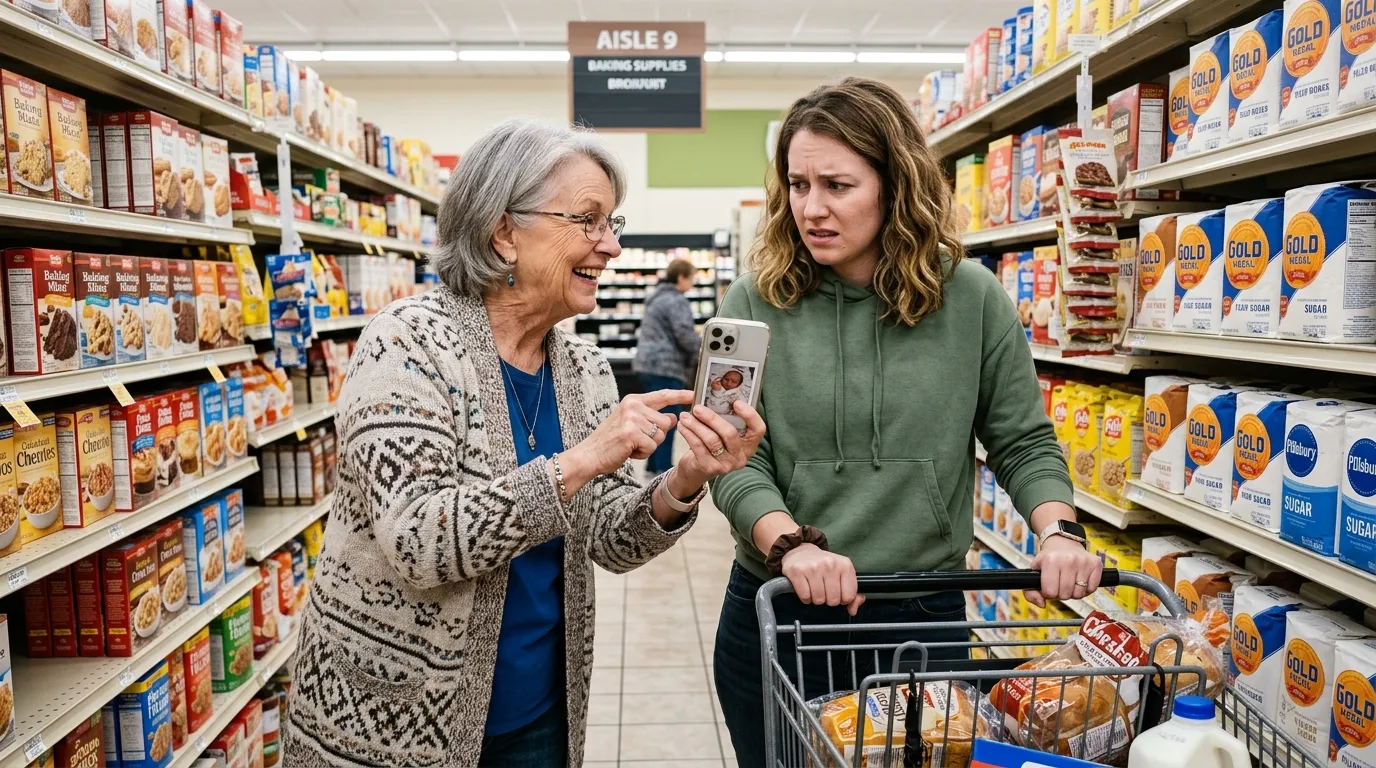Excited mother-in-law showing her phone to a stressed woman in a grocery store aisle