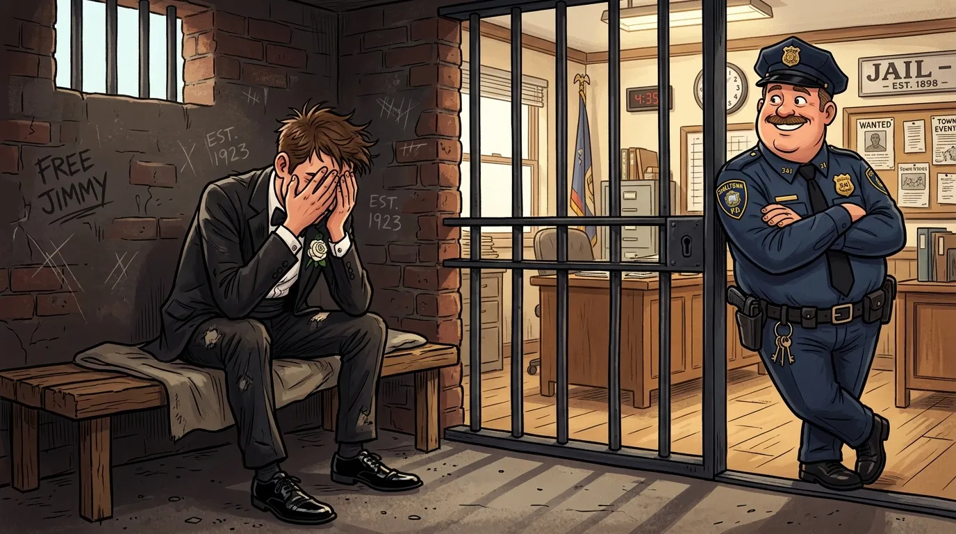 Frustrated groom in a tuxedo sitting inside a small jail cell while a police officer smiles outside