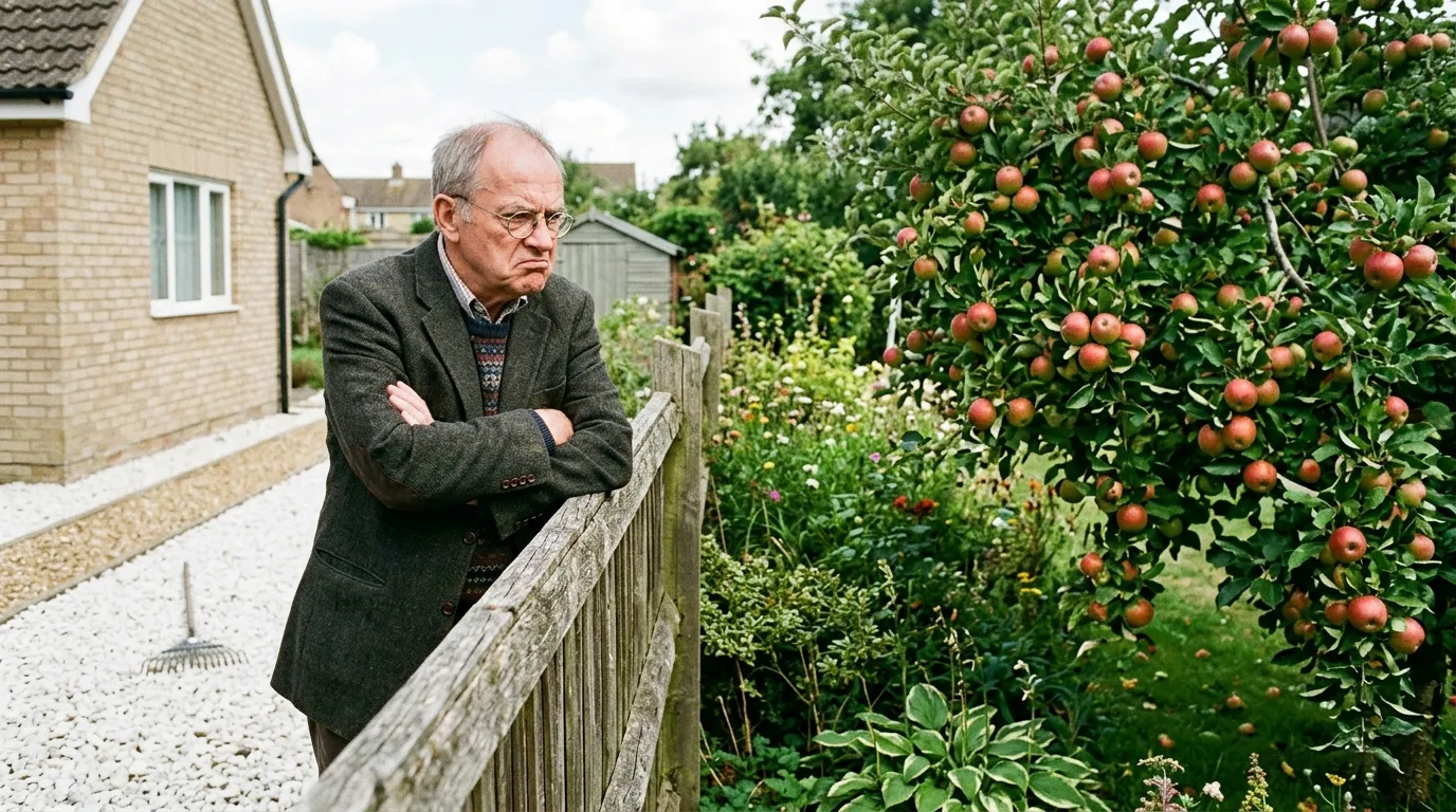 A grumpy neighbor looking disapprovingly at an apple tree over a fence.
