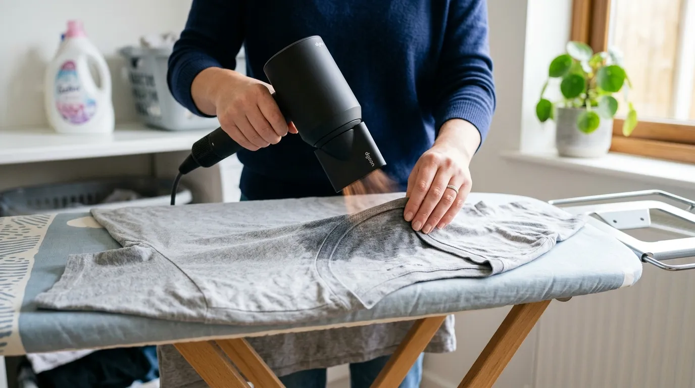 Using a hair dryer on medium heat to dry a t-shirt