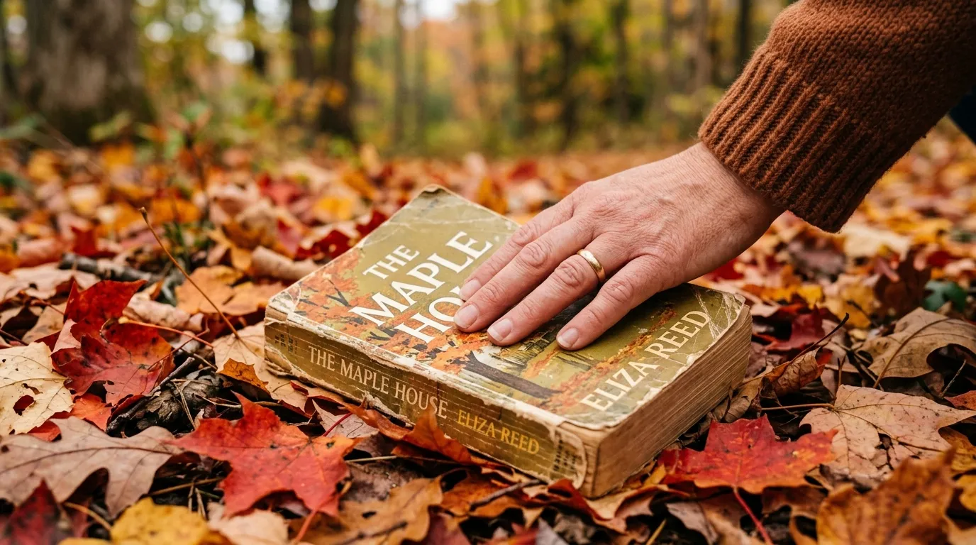 A woman's hand resting on a worn vintage book with a bright red maple leaf on top of it