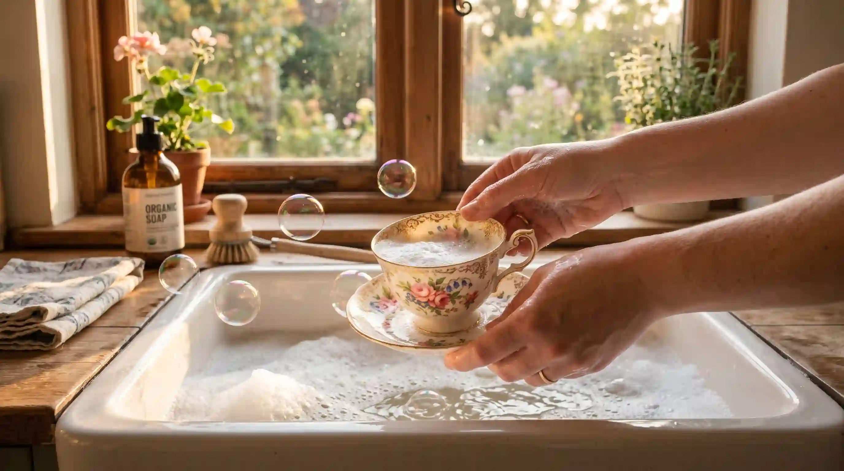 Hands gently washing delicate vintage porcelain in a sunlit farmhouse sink