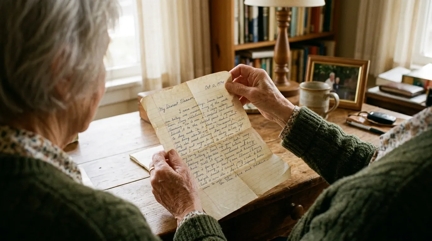 A close-up of a woman's hands holding a handwritten letter by a sunny window