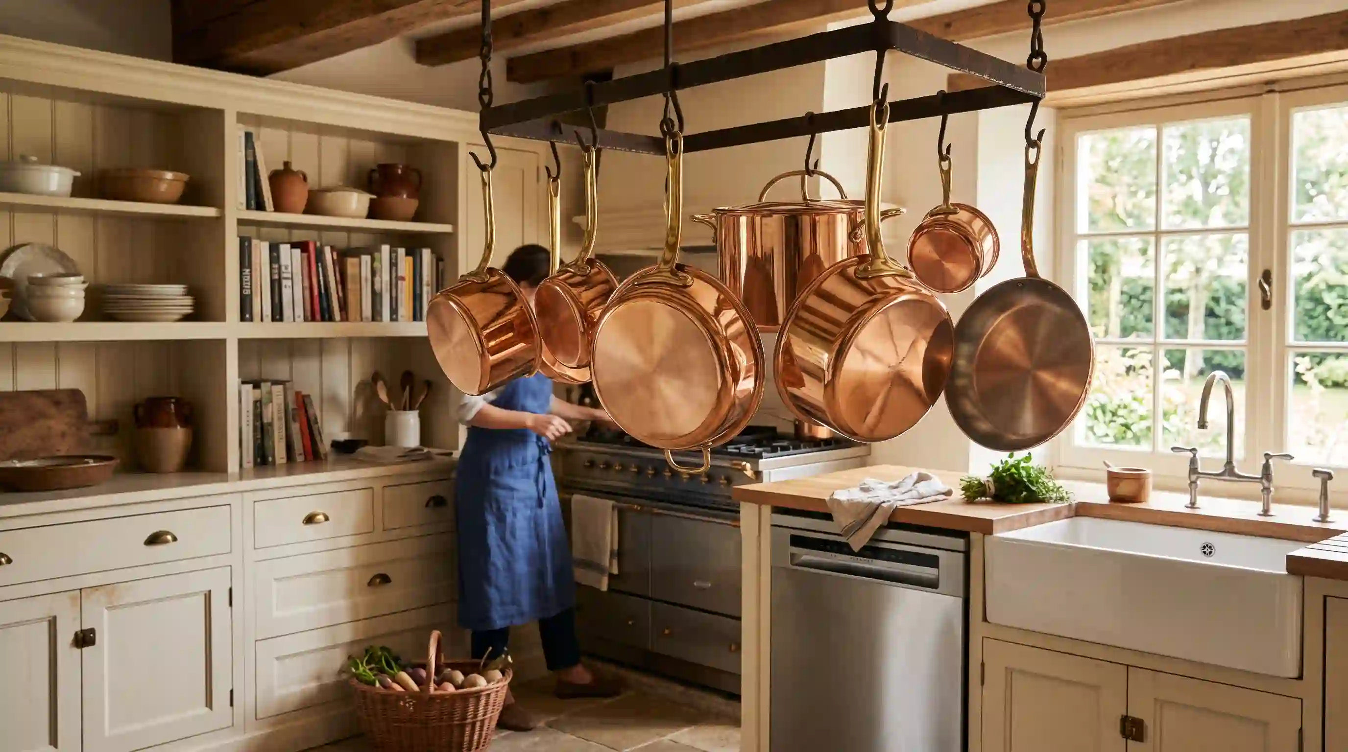 Beautiful, gleaming copper pots hanging in a luxury kitchen above a closed dishwasher