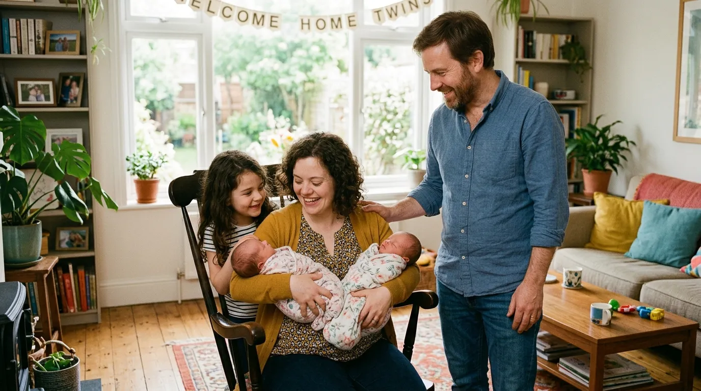 A young woman with Down syndrome holding her newborn twins alongside her loving husband and supportive sister.