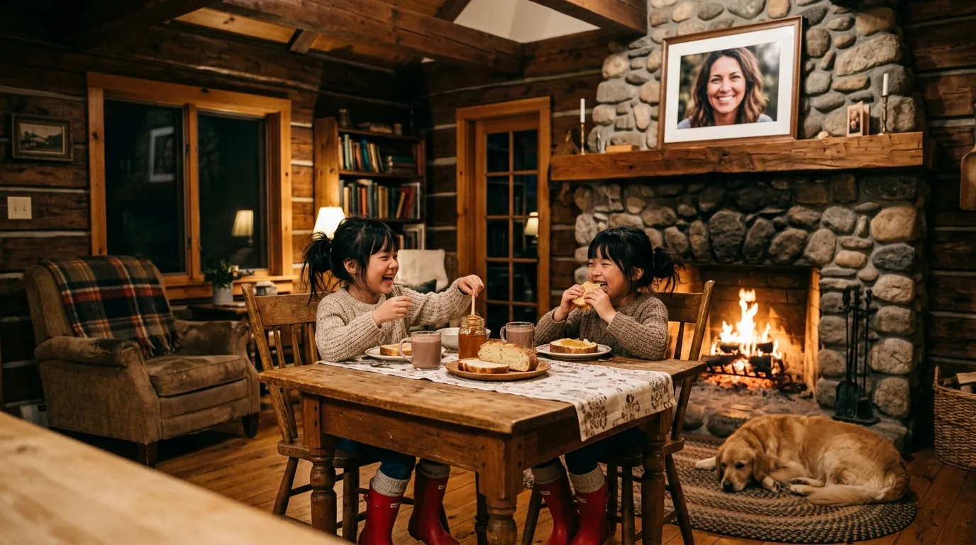 Two happy little girls eating bread and honey by a warm fireplace.