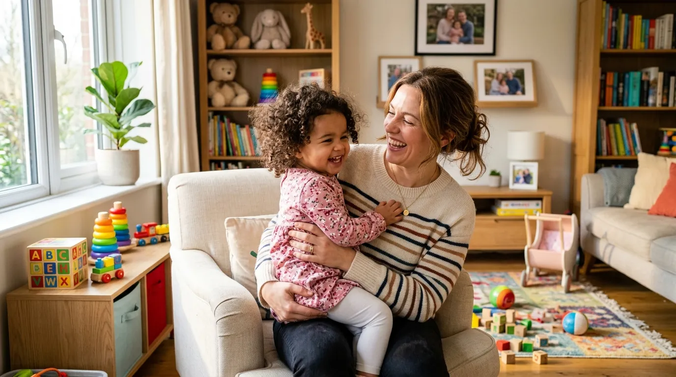 A smiling mother holding a happy, curly-haired toddler girl in a bright, sunlit living room.