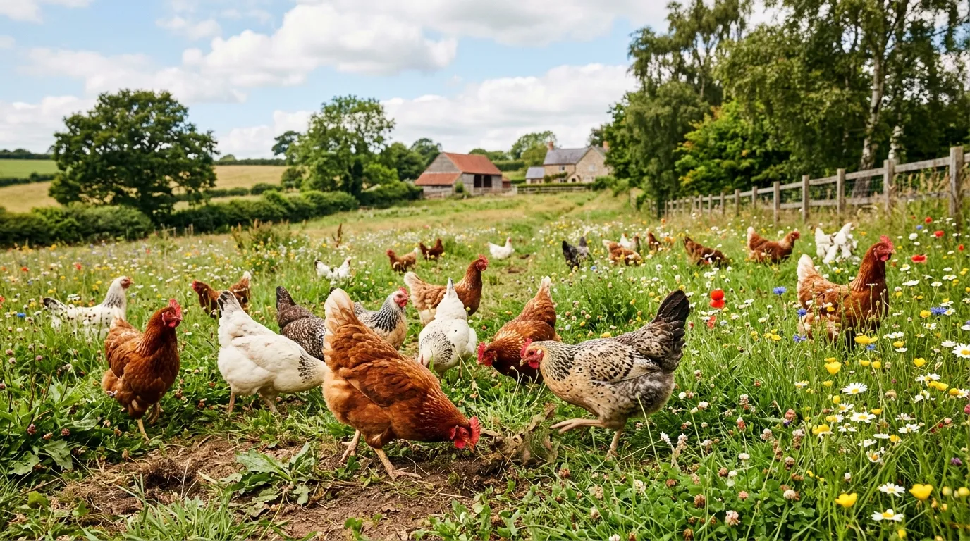 Happy hens roaming freely in a sunny, green pasture