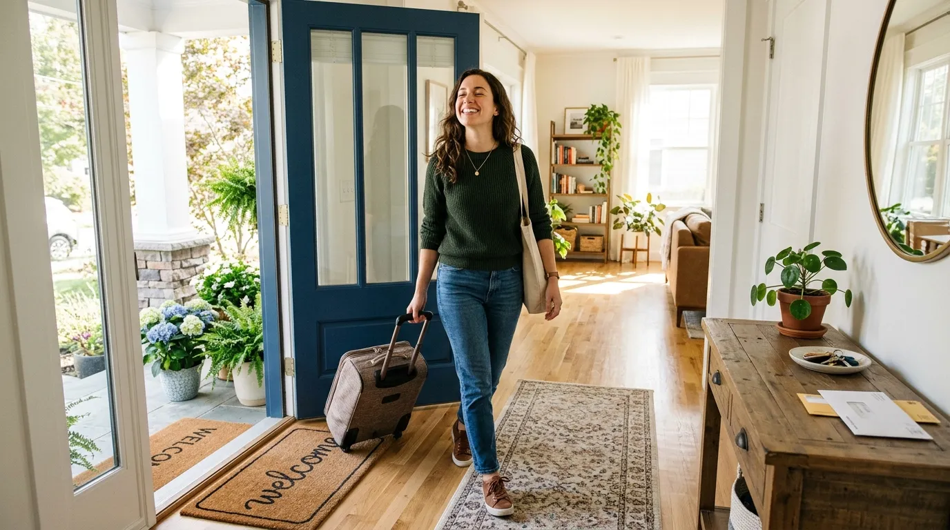 A relaxed traveler smiling as they walk through their front door into a clean home