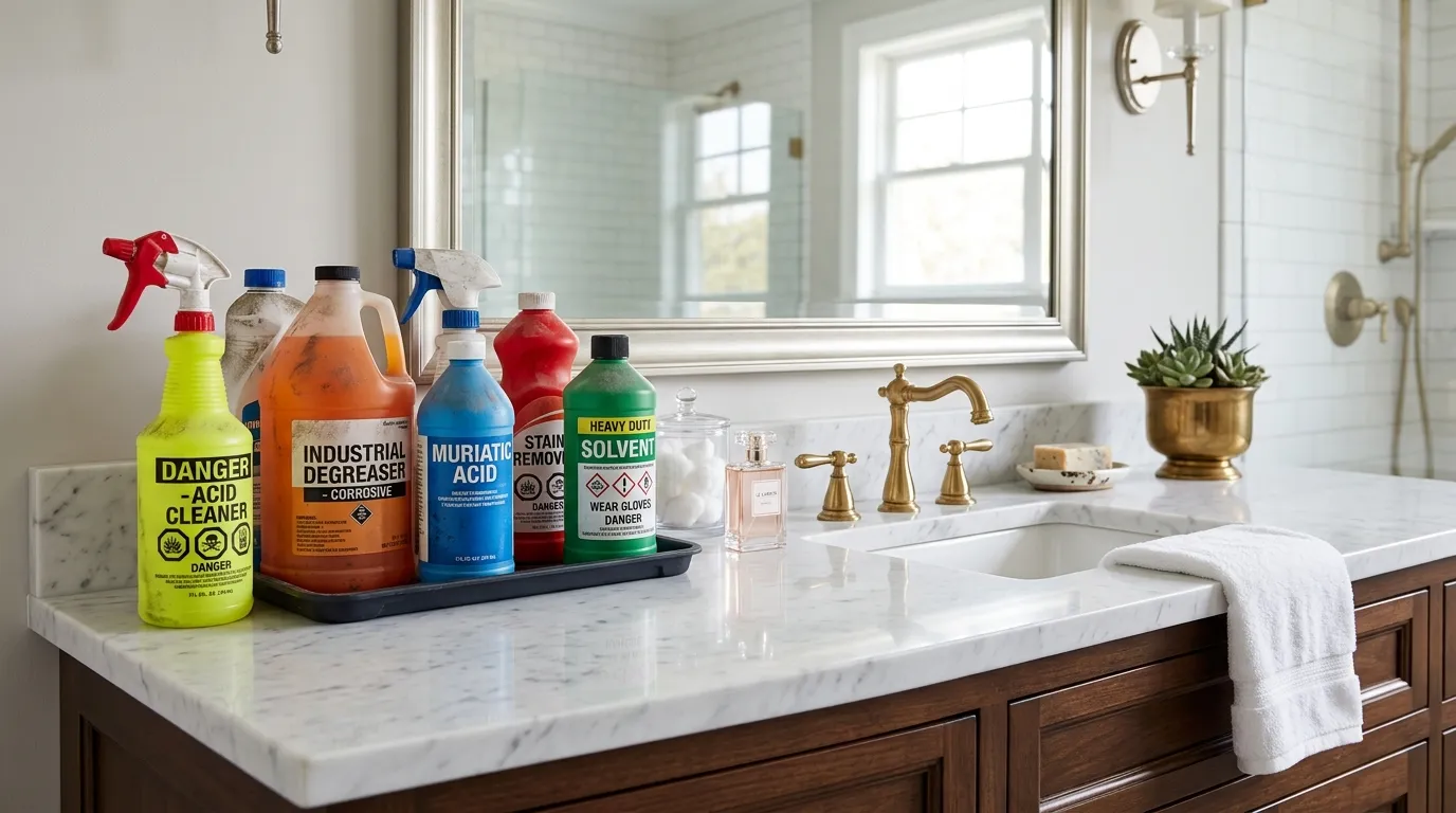 Harsh chemical cleaning bottles sitting on a delicate marble vanity