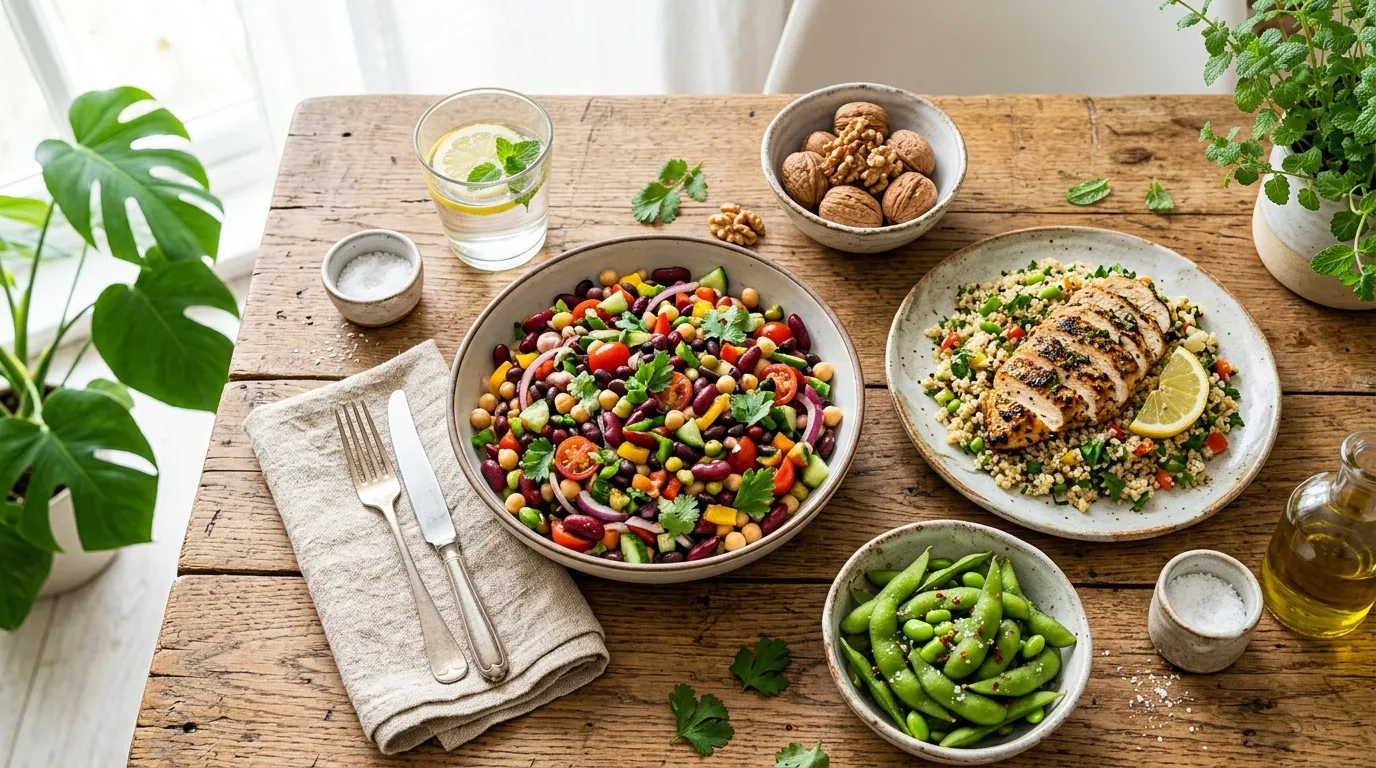 An overhead view of a rustic table filled with vibrant, minimally processed foods like bean salads, grilled chicken, and fresh nuts.