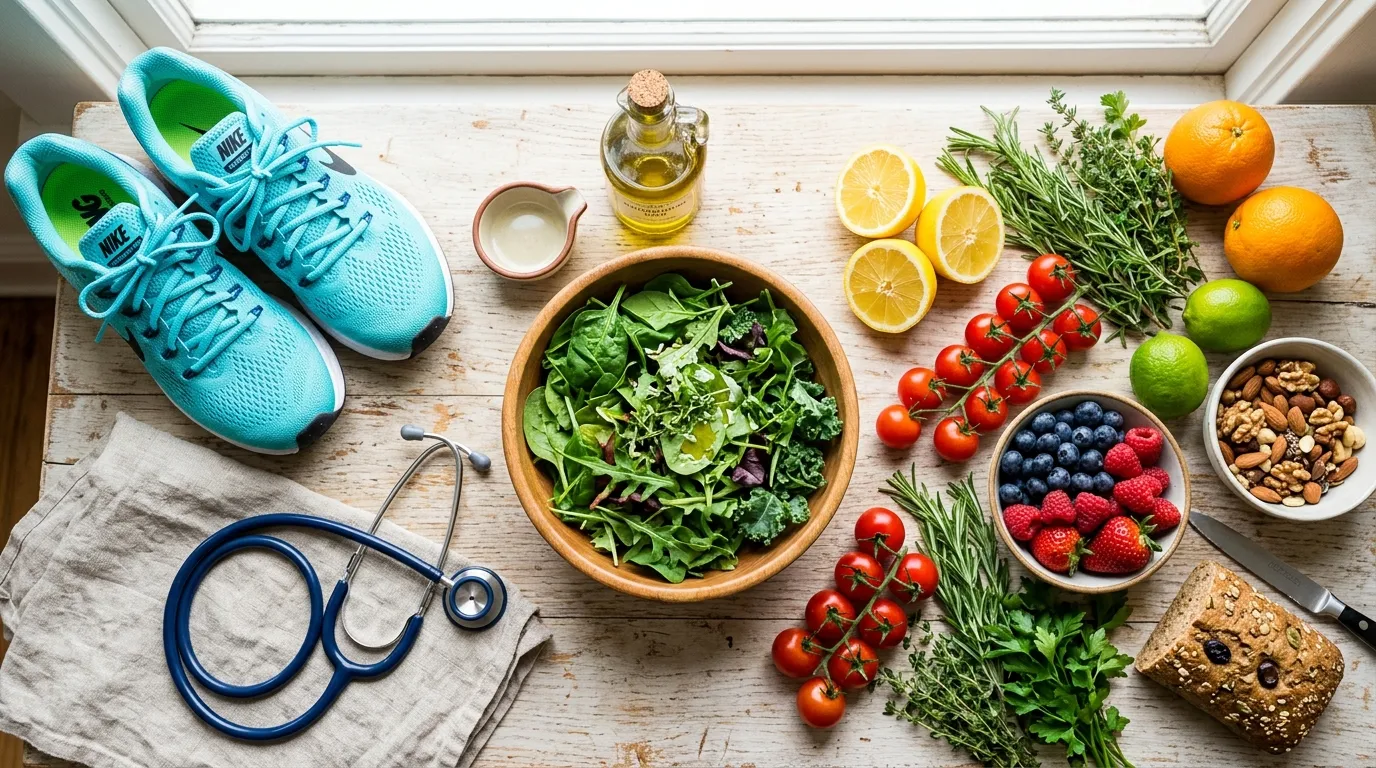 Fresh vegetables, nuts, olive oil, and running shoes representing a preventative healthy lifestyle