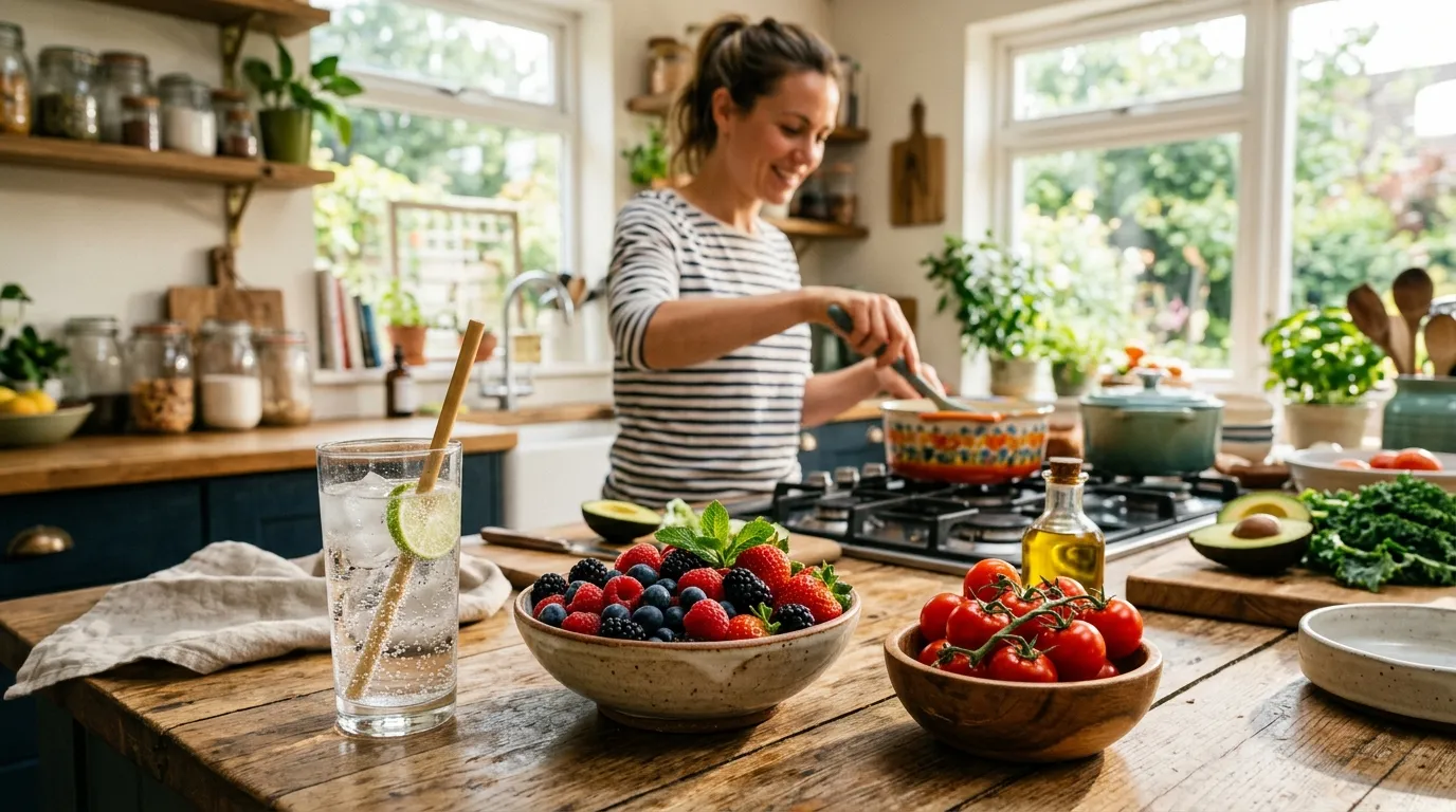 Fresh tomatoes, berries, and water on a sunny kitchen counter.